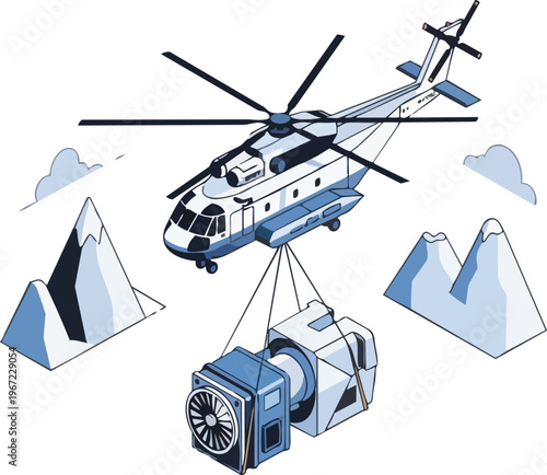 Isometric Vector Illustration of a Heavy-Lift Cargo Helicopter Transporting Industrial Equipment Over a Mountain Range