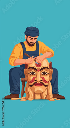An artisan focused on hand carving a large decorative traditional wooden mask
