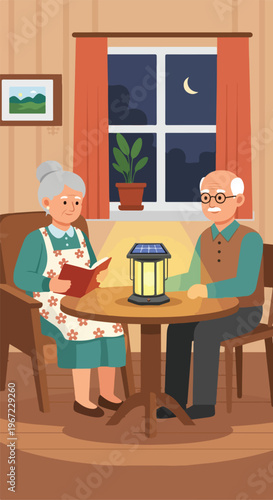 Elderly couple sitting at a table at night with a solar lamp reading a book