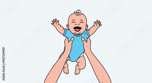 A happy, joyful baby in a light blue onesie being held up by two adult hands