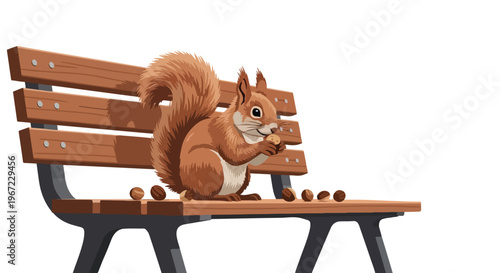 A fluffy red squirrel sitting on a wooden bench eating a small brown nut today