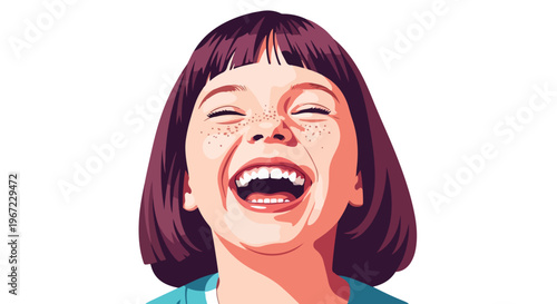 A vibrant digital illustration of a young girl laughing with joy and freckles