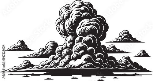Black and white woodcut style cumulonimbus storm clouds in the sky representing heavy weather conditions and nature flat vector illustration