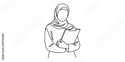 Continuous Line Art of a Professional Woman in Hijab Holding a Clipboard