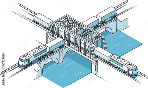 Isometric Illustration of Freight Trains Crossing Bridges over Water, Global Logistics and Infrastructure Concept