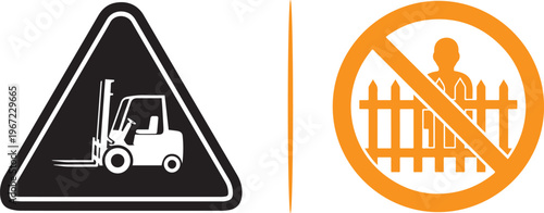 Dual-tone vector icons featuring a black forklift warning triangle and an orange circular prohibition sign for no unauthorized entry. Represents industrial site safety and restricted area access.
