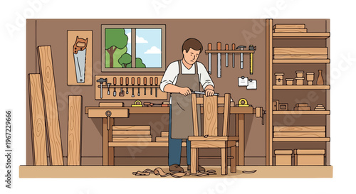 A focused carpenter in an apron works on a wooden chair in his organized shop