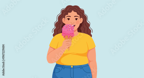 A curly-haired woman wearing a yellow shirt enjoys a scoop of pink ice cream