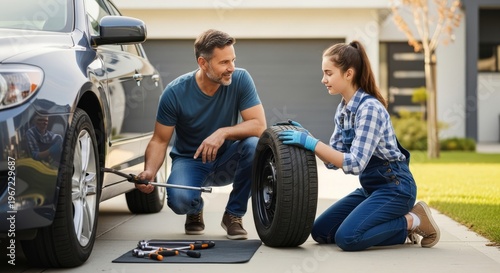 Young couple changing a flat tire together in a suburban driveway.