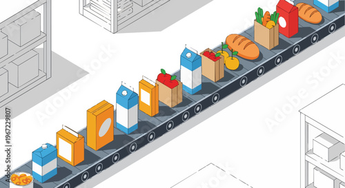 Isometric Food Supply Chain and Logistics Warehouse with Automated Conveyor Belt Carrying Groceries