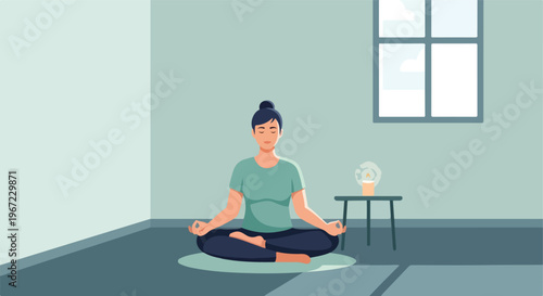 A woman sitting in a lotus pose on a mat meditating with a candle nearby inside