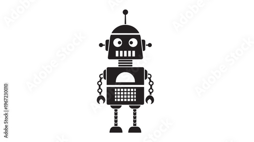 Robot illustration with a classic retro design and antenna, featuring square eyes, articulated arms, and segmented legs.