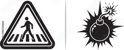 Tableau sur toile Black and white vector icons featuring a pedestrian crossing warning triangle and an exploding bomb symbol