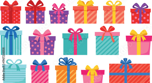 Colorful Gift Box Present Collection with Ribbon Bows, Birthday and Holiday Package Set for Christmas Celebration Party Vector Illustration
