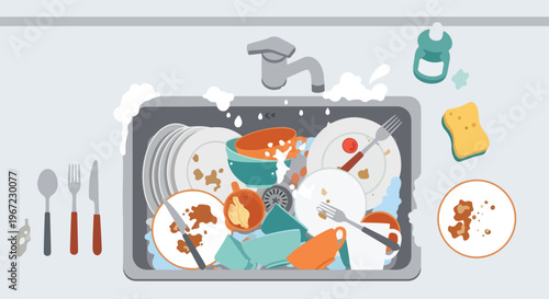 A kitchen sink filled with dirty dishes, cutlery, and soap foam, top-down view
