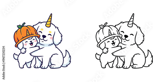 Cute Hugging Puppies with Pumpkin Hat and Unicorn Horn Coloring Page and Color Illustration for Kids Halloween and Fall Activities