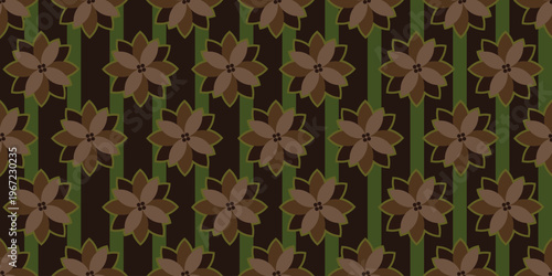 Seamless retro floral pattern with sharp petal flowers in beige and brown tones on green striped background. 70s inspired design for textile and decor.