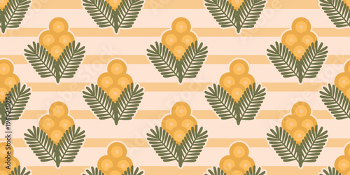 Seamless floral pattern with mimosa branches on striped pastel orange background. Yellow flowers and green leaves create fresh spring textile design.