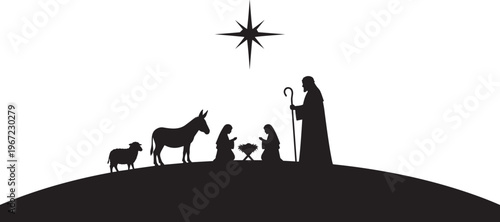 Black Nativity silhouette of the holy family with animals under a star representing the birth of jesus flat vector illustration