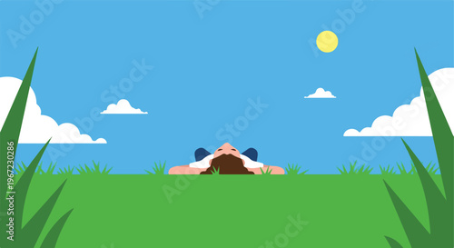 A person lying in the green grass beneath a bright sun and a blue cloudy sky