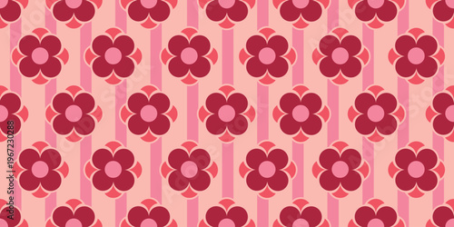 Seamless retro pattern with pink and red flowers on striped background. 70s inspired floral design perfect for textile, wallpaper, and decorative use.