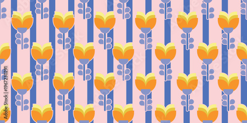 Seamless retro floral pattern with stylized tulips and vertical blue stripes. Yellow flowers and light blue stems create bold 70s-inspired textile design.