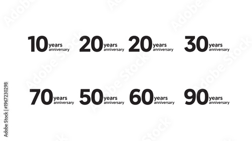 Anniversary number collection with years and text "years anniversary" in bold black font against a white background