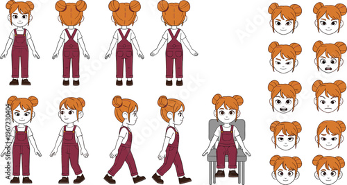 Cartoon girl character vector animation set with different poses, walking cycle, wheelchair pose, and facial expressions collection