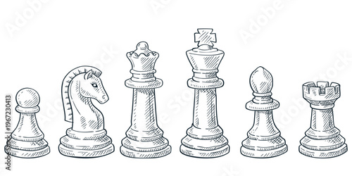 Chess figures set. Vector hand drawn sketch illustration. Strategy game design elements for education, competition
