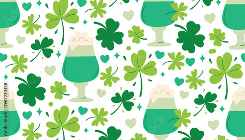 A festive St. Patrick's Day seamless pattern with green beer glasses and shamrocks