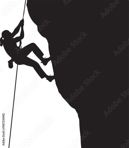 Black silhouette of a person rock climbing white background