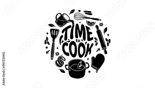 Time to cook illustration with kitchen utensils and cooking tools