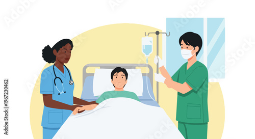 Two healthcare professionals caring for a patient resting in a hospital bed unit