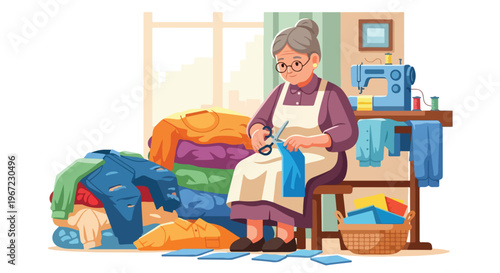 An elderly woman sitting on a wooden stool and cutting blue fabric with scissors