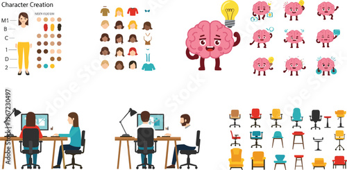 Vector illustration set with character creation avatars, cartoon brain mascot emotions, office workers at desk, and various chair furniture icons