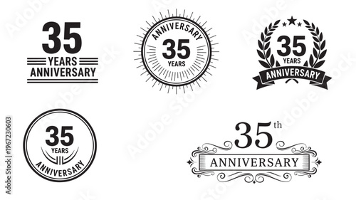 Anniversary badges set with the number 35 and decorative elements, celebrating a significant milestone.