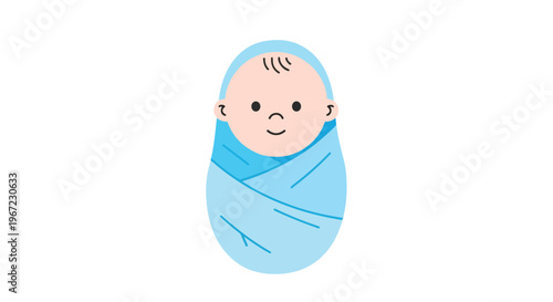 A cute cartoon drawing of a happy baby wrapped securely in a light blue blanket