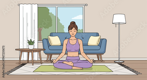 A woman in athletic wear practices yoga meditation in a peaceful living room