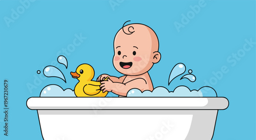 A happy cartoon baby sitting in a bathtub playing with a yellow rubber duck toy (1)