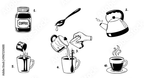 Hand drawn instant coffee making tutorial with step by step doodle outline process vector illustration