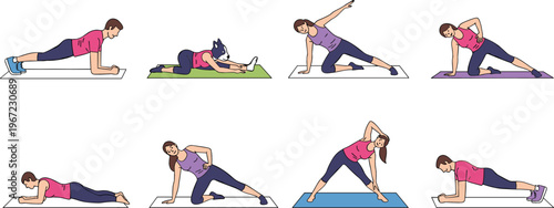 Fitness workout vector illustration set with woman performing stretching, plank, side plank, and yoga exercise poses on mat