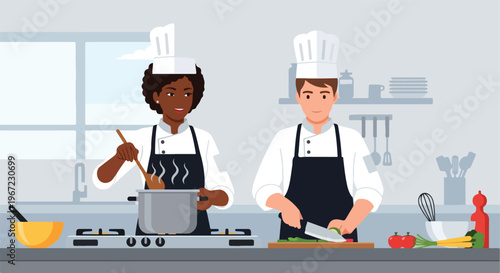 Two chefs in white uniforms and black aprons preparing food in a modern kitchen