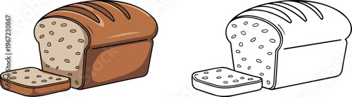 Sliced loaf of bread illustration & outline set isolated on transparent background 