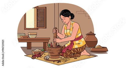 A woman in traditional attire uses a stone mortar and pestle to grind spices