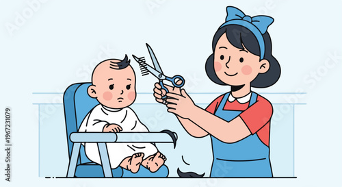 A smiling woman wearing an apron gives a haircut to a toddler sitting in a chair