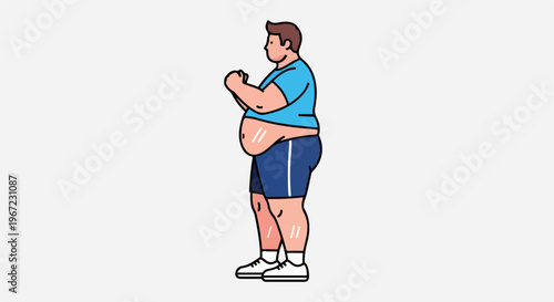 An illustration of an overweight man in sportswear standing in a side profile