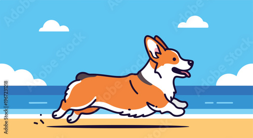 A flat vector illustration of a happy corgi dog running along a sandy beach