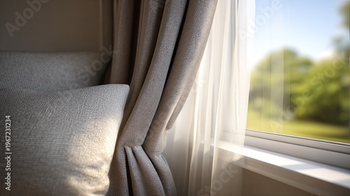 Cozy window seat with curtain and pillow