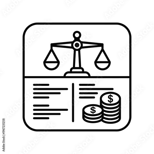 Minimalist line icon representing financial law and legal settlements featuring scales of justice above a document and stacks of dollar coins for economic justice concepts.
