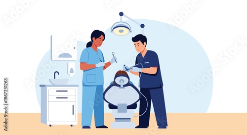 Two dentists in scrubs treating a patient sitting in a dental chair in a clinic